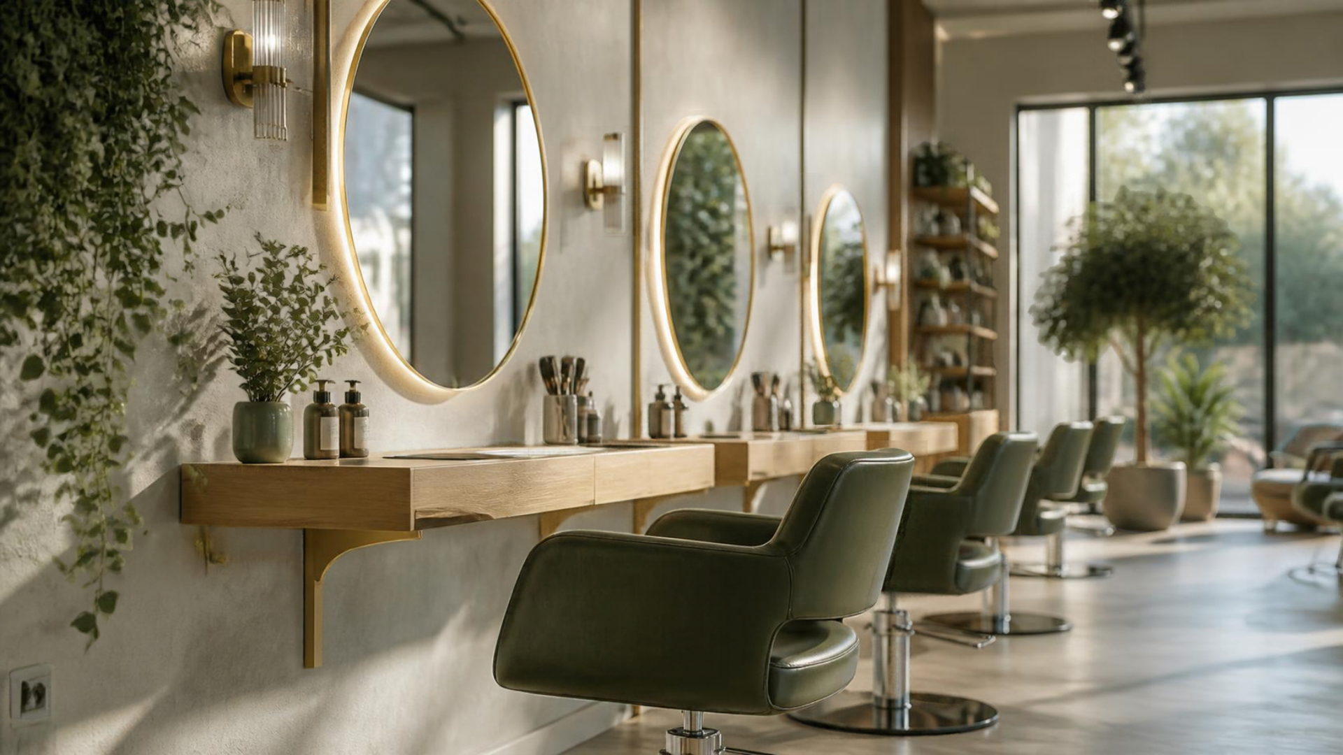 A bright modern salon interior with styling stations and round mirrors